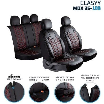 CLASYY DERİ OTO KOLTUK KILIFI SİYAH. NAKIŞ KIRMIZI KOD:MDX35-108