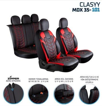 CLASYY DERİ OTO KOLTUK KILIFI SİYAHLI KIRMIZI. KIRMIZI NAKIŞ KOD:MDX35-101