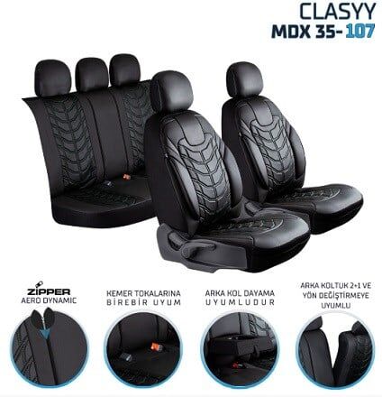 CLASYY KOMPLE DERİ OTO KOLTUK KILIFI SİYAH. NAKIŞ BEYAZ KOD:MDX35-106