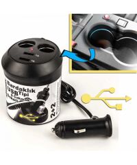 ÇAKMAK ÇOĞALTICI VE USB GİRİŞİ BARDAKLIK TİPİ 1000MA DC5V KOD:CS-EC008