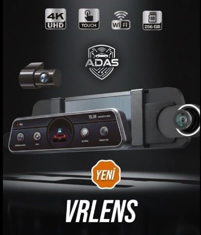VRLENS 2 KAMERALI 10'' TOUCH SCREEN-ADAS+BSD-4K+2K-LOOP RECORDING-WIFI-G SENSOR 256 GB MİCRO SD KART DESTEĞİ KOD: VRLENS