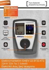 Elektromarketim SMART EMEV 22kW 3 Faz 32A Tip 2 Soketli Elektrikli Araç Şarj İstasyonu