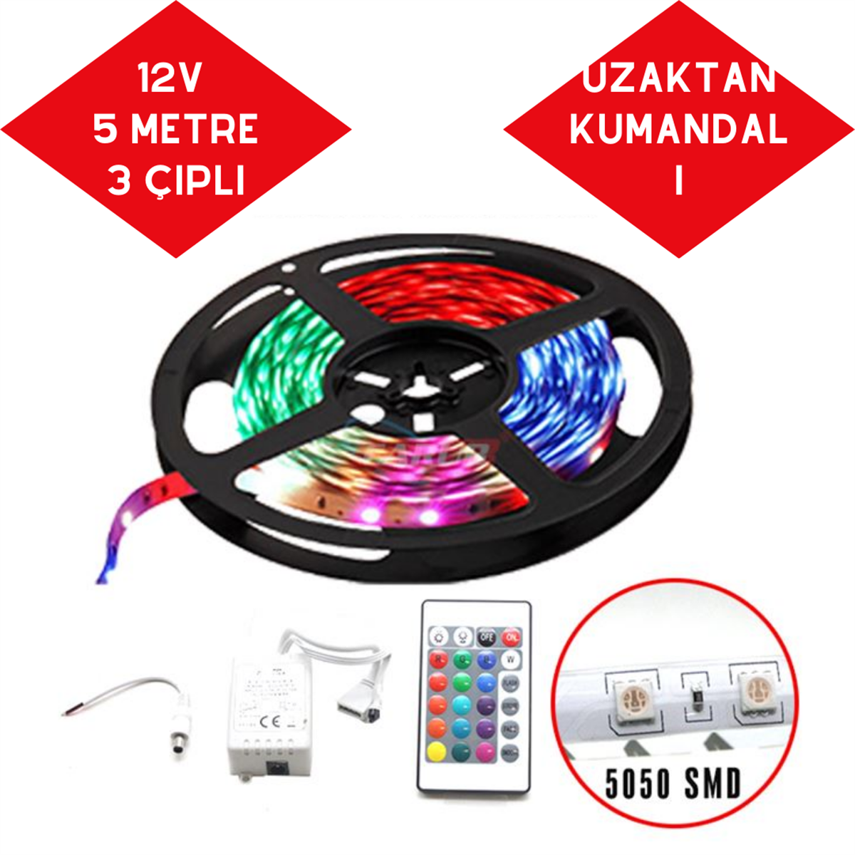 LED ŞERİT UZAKTAN KUMANDALI 12V 5 MT ÇOK RENKLİ KOD:RGB