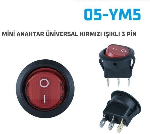MİNİ ANAHTAR YUVARLAK KIRMIZI IŞIKLI 3 PİN  10 LU 05-YM5
