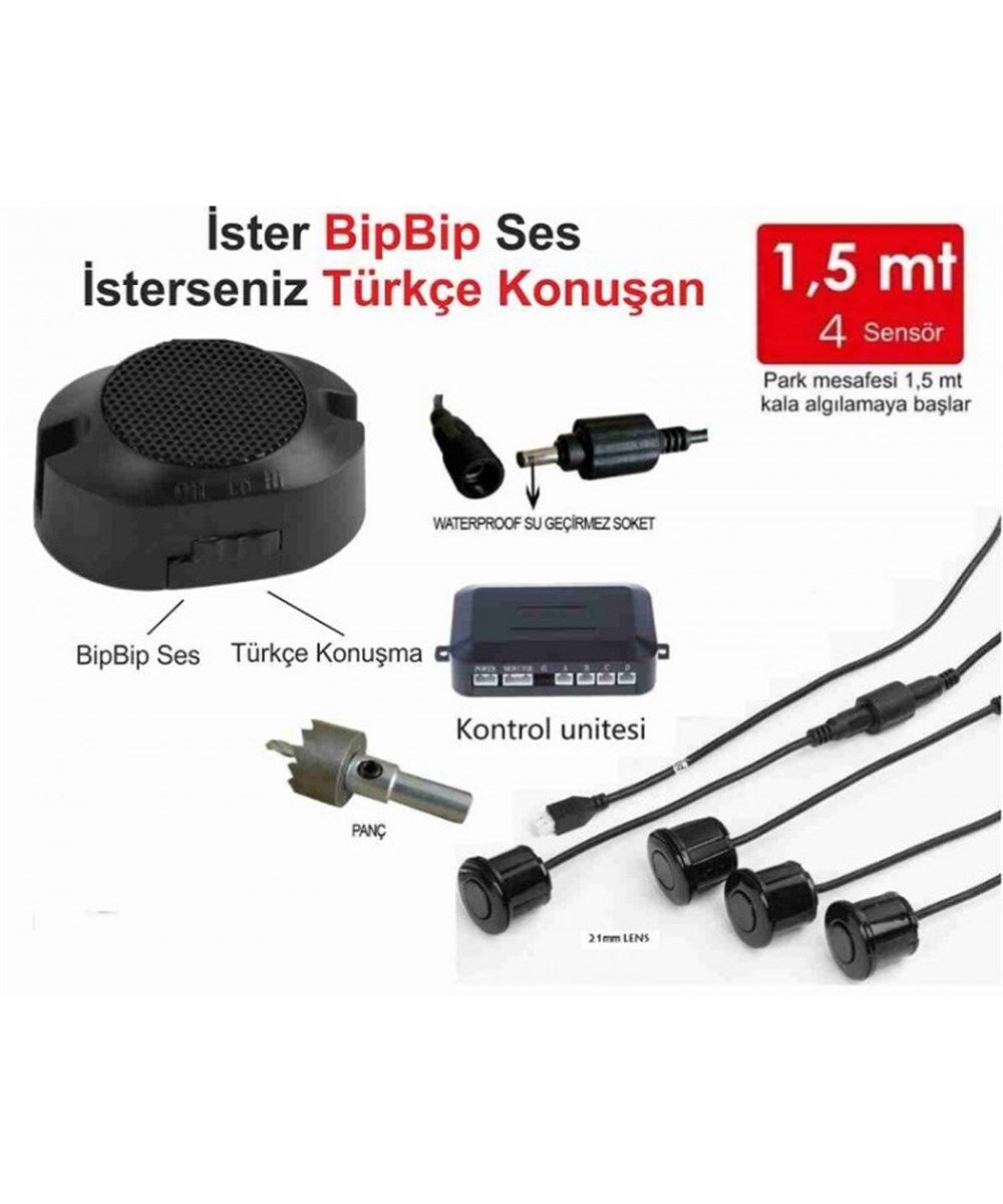 PARK SENSÖRÜ HEM TÜRKÇE HEM BİP SESLİ 4 SENSÖRLÜ SİYAH KOD:CS-EZ045