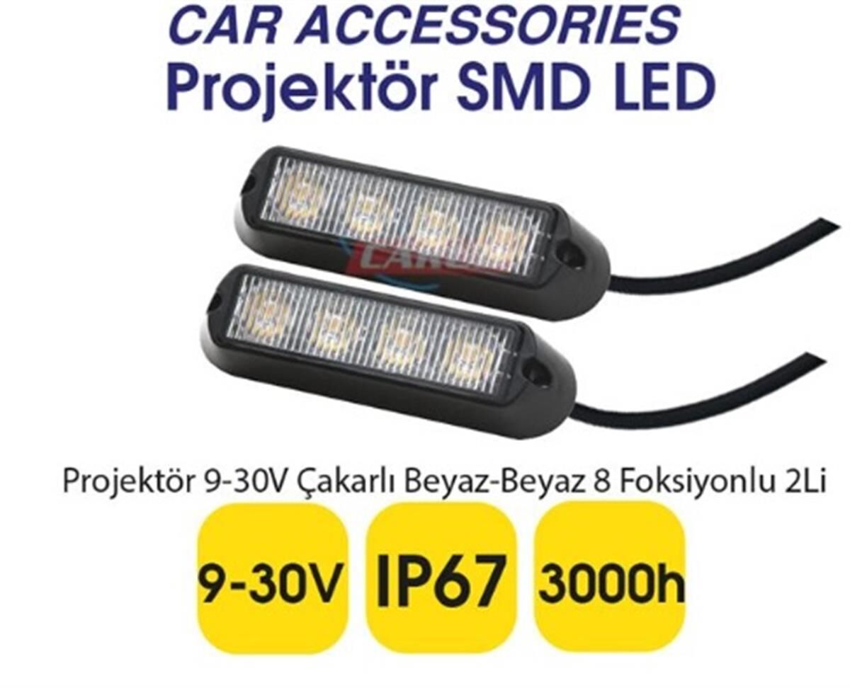 CARUB PROJEKTÖR 9-30V ÇAKARLI BEYAZ 8 FONKSİYONLU 2'Lİ KOD:3056355