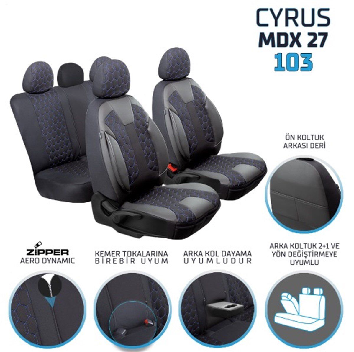 KOLTUK KILIFI CYRUS FERMUARLI SİYAH NAKIŞ MAVİ KOD:MDX27-103