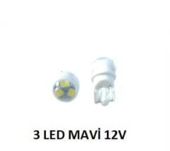 AMPUL T10 3LED MAVİ 12V MERCEKLİ KOD:VRT1003