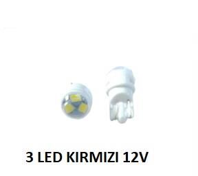 AMPUL T10 3LED KIRMIZI 12V MERCEKLİ KOD:VRT1002