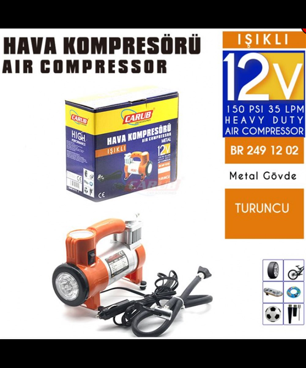 HAVA KOMPRESÖRÜ 12V METAL GÖVDE IŞIKLI ÇANTALI TURUNCU KOD:2491202