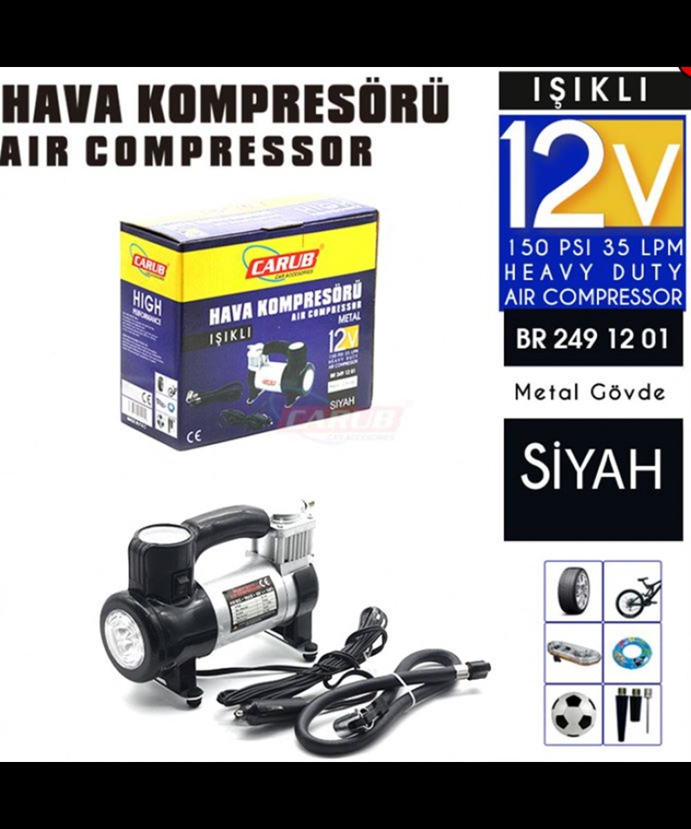 HAVA KOMPRESÖRÜ 12V METAL GÖVDE IŞIKLI ÇANTALI Sİ̇YAH KOD:2491201