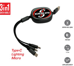 ŞARJ KABLOSU GERİ ÇEKİLEBİLİR USB 1,2MM 3İN1 KOD:5901867