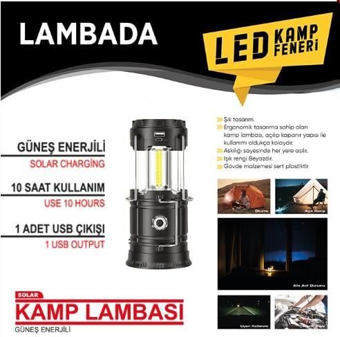 LAMBA KAMP FENERİ GÜNEŞ ENERJİLİ ÇAKARLI 10X16,5 USB GİRİŞ  KOD:4456107