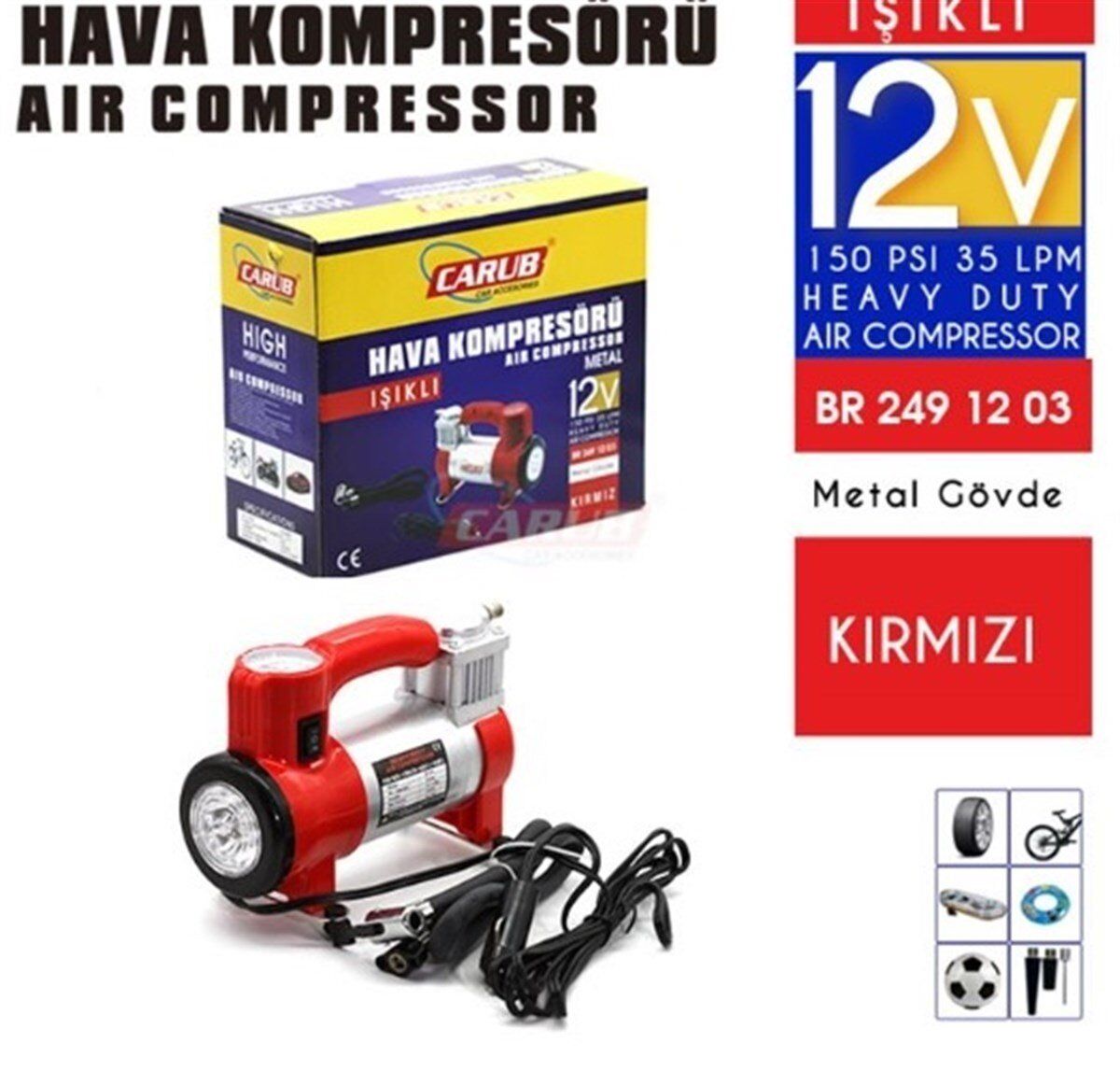 HAVA KOMPRESÖRÜ 12V METAL GÖVDE IŞIKLI ÇANTALI KIRMIZI KOD:2491203